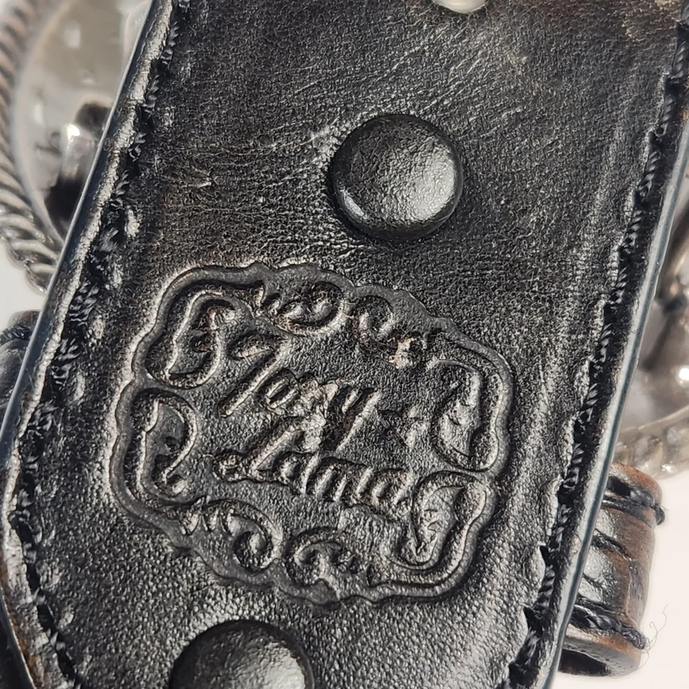 TONY LAMA Pierced Filagree Belt Size 36 Black Leather Cut Out Silver Buckle - Picture 5 of 10